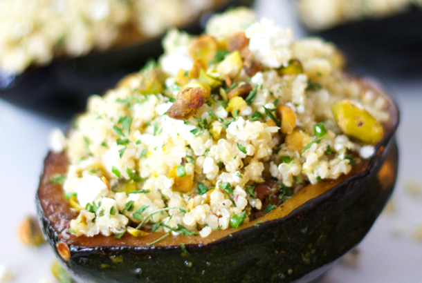 Stuffed Acorn Squash With Quinoa, Feta and Pistachios